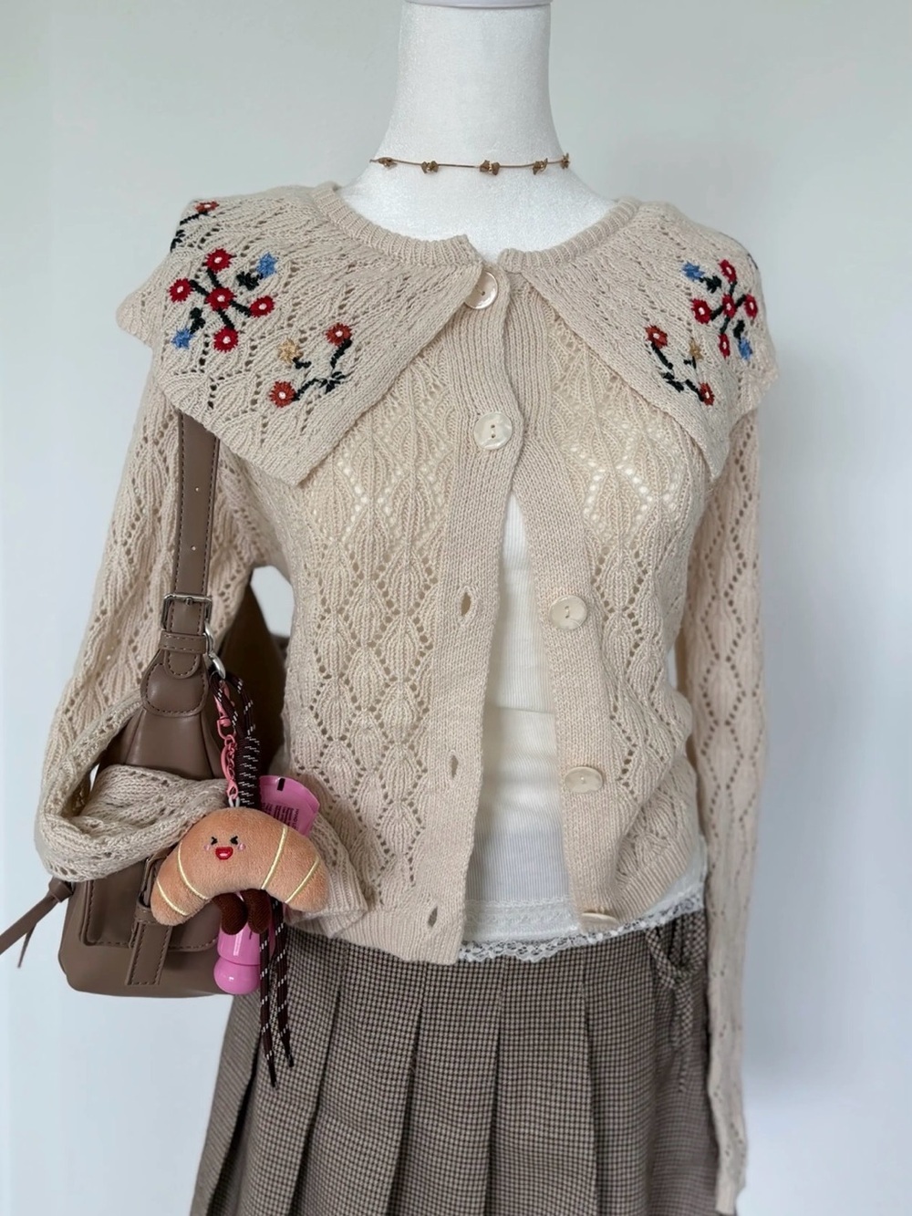 Sincerly Jules Cream Knit Cardigan with Embroidered Collar